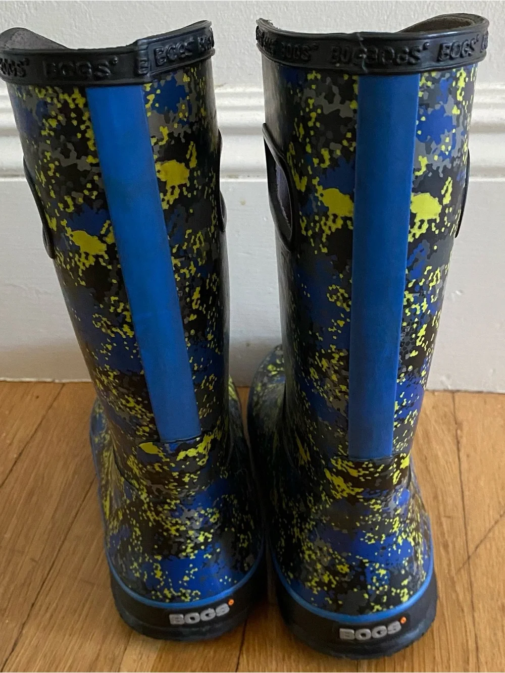 BOGS Rain Boots Youth 5 Black Blue Green Gray Splatter Print Pull On Rubber